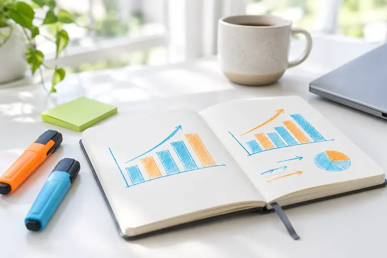 Carnet de graphiques dessinés et surligneurs pour croiser données Google Ads et SEO