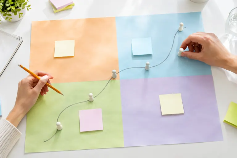 Plan d’acquisition en quatre zones colorées avec pions et chemin tracé au crayon